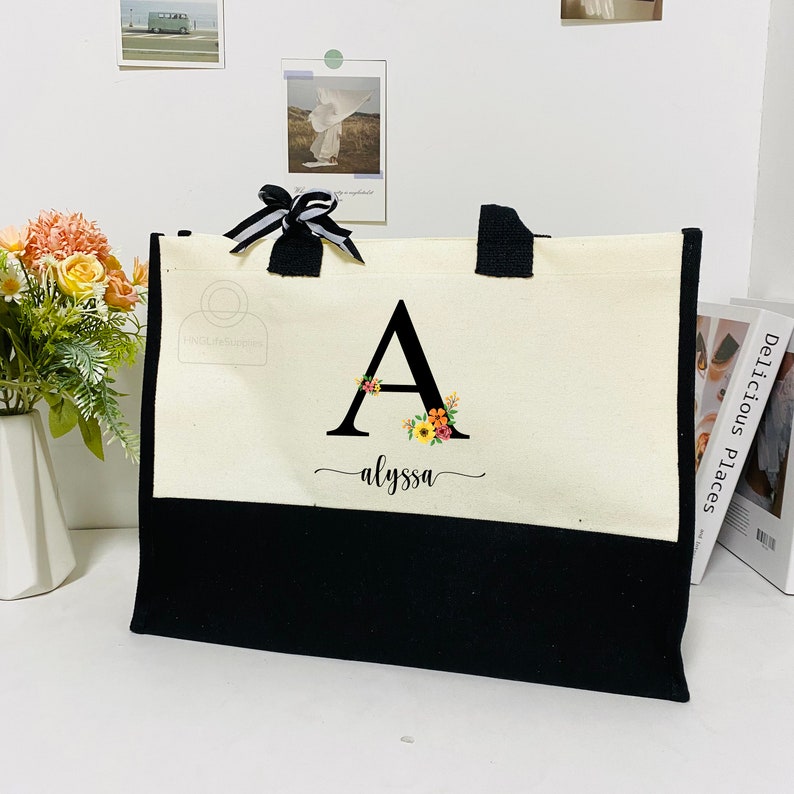 Floral Initial and Name Tote Bag, Custom Flower Monogram Totes
