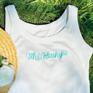 Mrs. Tank Top, Custom Spaghetti Strap Tank Top, Personalized Bride Tank Top, Embroidered Name Tank Top for Bride, Bachelorette Party Shirt