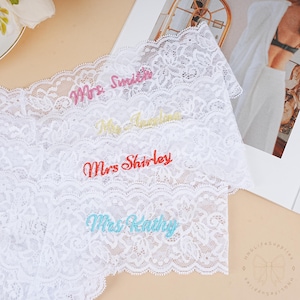 Mrs Bride Lace Thong, Embroidered Bride Lace Underwear, Personalized White Thong for Bride, Women Lace Underwear, Bridal Gift,Gift for Bride