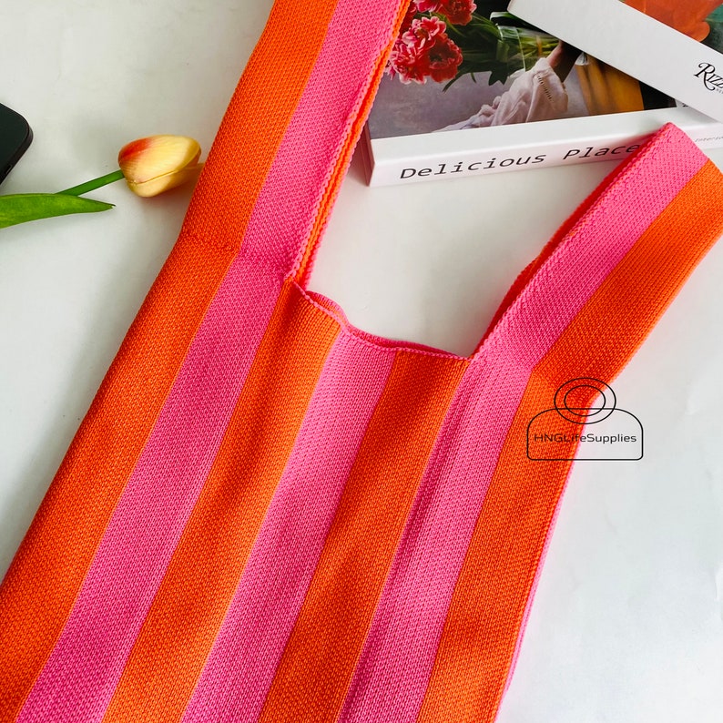 Women Hand-woven Stylish Stripe Bag, Handmade Crochet Casual Shopping Bag, Fashion Contrast Color Knitted Shoulder Bag, Crochet Stripe Totes Pink & Orange