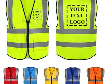 May include: A neon yellow safety vest with a front zip, multiple pockets, and grey reflective strips. The front features a small box with the text YOUR TEXT LOGO, and the back displays a large square with the text YOUR TEXT LOGO. Five additional vests in red, blue, yellow, dark blue, and orange are shown below.