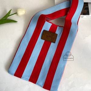Red&Blue Knitted Woolen Bag, Handmade Knitted Handbag for Women, Simple Stripe Tote Bag, Custom Shopping Bag, Portable Commuter Bag for Her zdjęcie 6