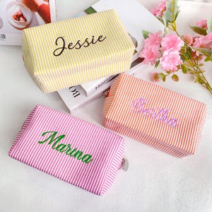 Custom Bridal Makeup Bag, Embroidered Striped Cosmetic Bag, Personalized Makeup Organizer for Bridesmaid, Custom Name Seersucker Makeup Bag