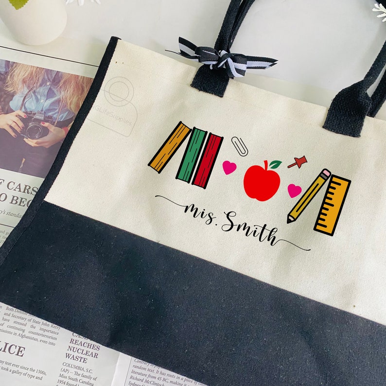 Custom Teacher Tote Bag, Personalized Name Canvas Bag, Book Totes for