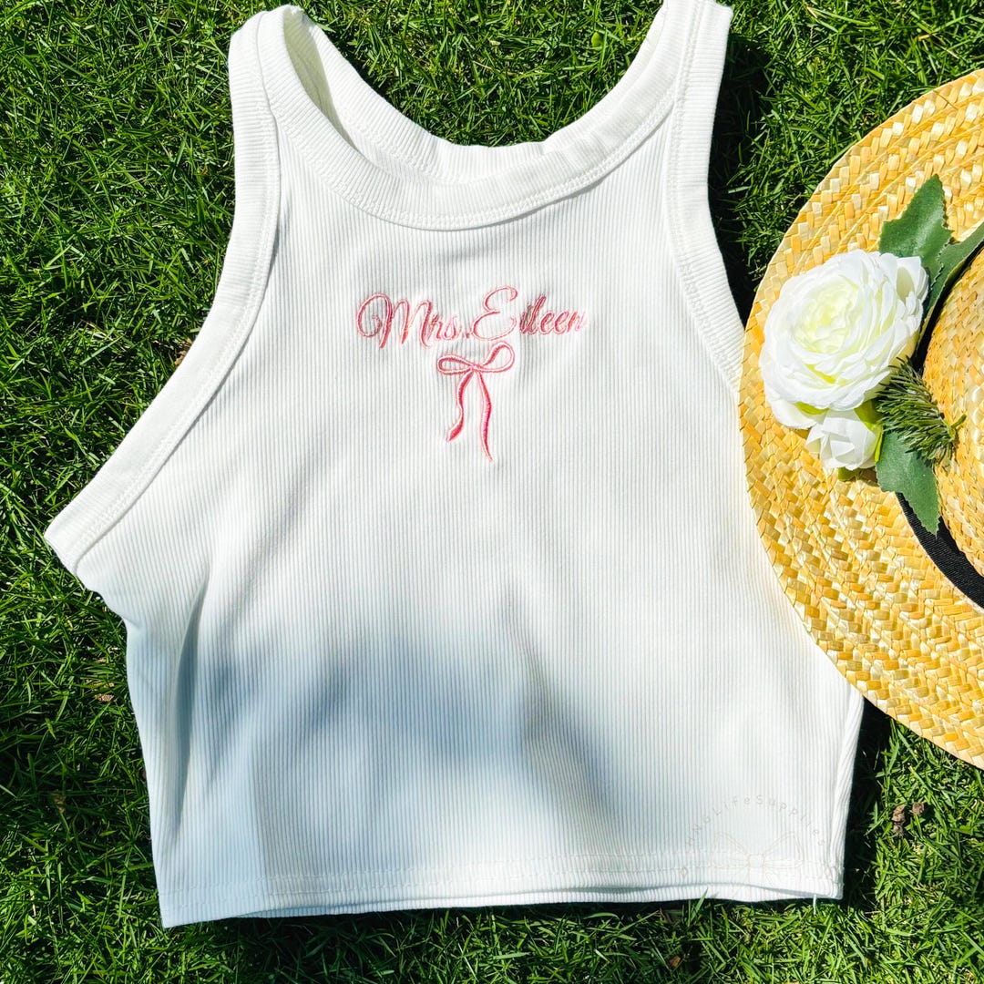 Bride Tank Top, Embroidered Bow Tank Top, Custom Mrs. Tank Top, Cute Bachelorette Party Shirt, Spaghetti Strap Tank Top, Bridal Shower Gift