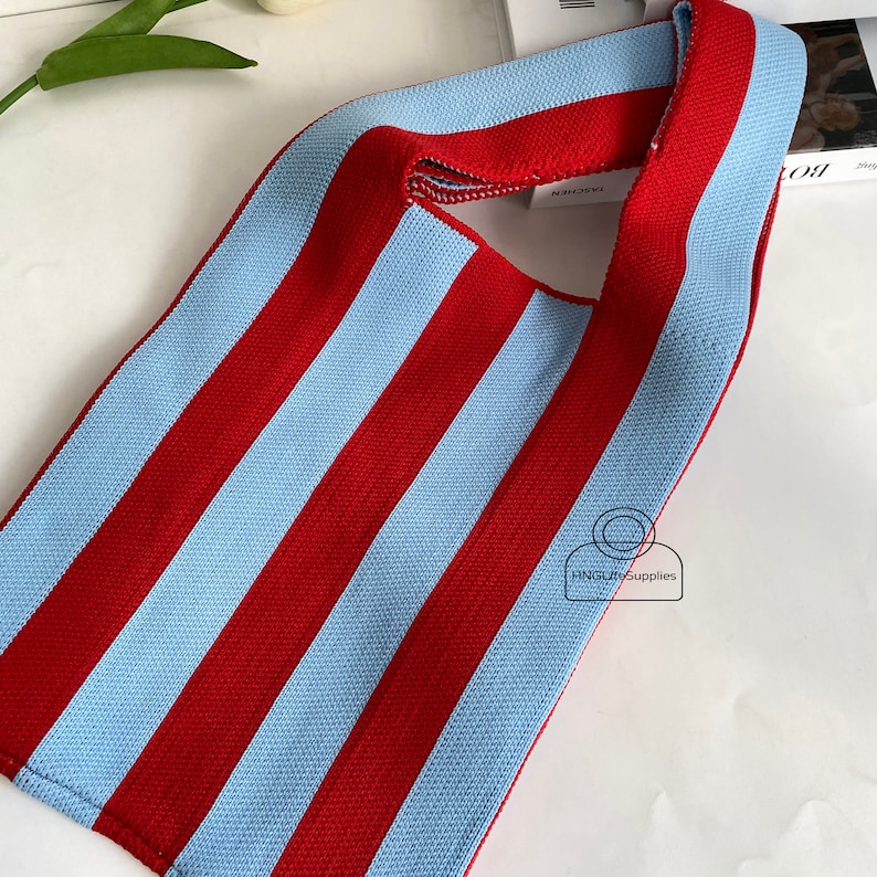 Red&Blue Knitted Woolen Bag, Handmade Knitted Handbag for Women, Simple Stripe Tote Bag, Custom Shopping Bag, Portable Commuter Bag for Her zdjęcie 3