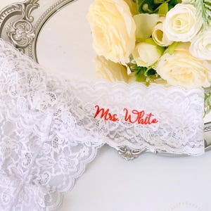 Custom Bride Lace Underwear, Mrs Bride Lace Thong, Personalized Lace Thong for Bride, Embroidered Women&#39;s Lace Underwear, Bridal Shower Gift