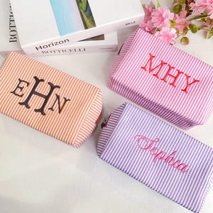 Custom Makeup Bag for Bridesmaid, Seersucker Makeup Bag, Monogrammed Makeup Organizer, Embroidered Striped Cosmetic Bag, Bridesmaid Gifts