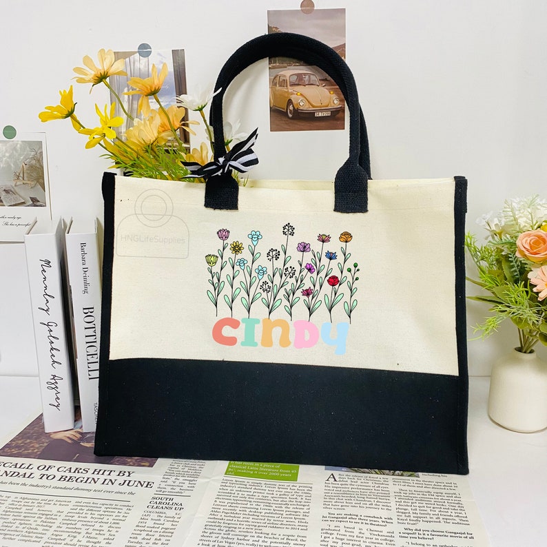 Cute Flower Monogram Tote Bag, Custom Floral Name Totes, Personalized