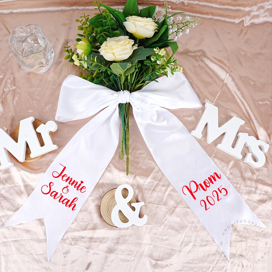 White Bouquet Ribbon, Personalized Prom Bouquet Ribbon, Custom ...