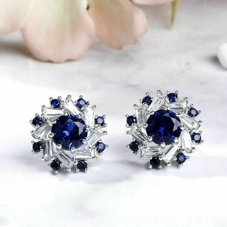 Floral Sapphire Engagement Earring, 3.2 Ct Round Cut Blue Sapphire Earring, 14K White Gold, Diamond shops Cluster Wedding Earrings, Bride Earrings