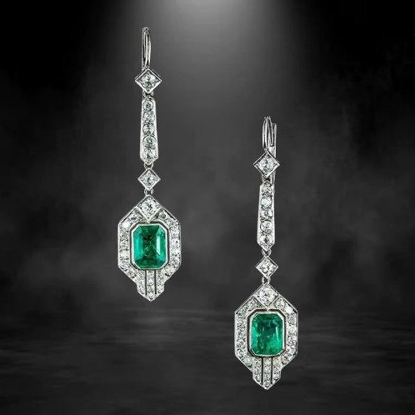 Emerald Earrings, Vintage Engagement Earrings, 3.8 Ct Green Emerald Earring, 14K White Gold, Drop & Dangle Wedding Earrings, Gifts For Women