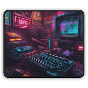 Retro Gaming Mouse Pad, Neon Keyboard Desk Mat, Vibrant Office Decor, Gamer Gift, Esports Accessories, Video Game Decor