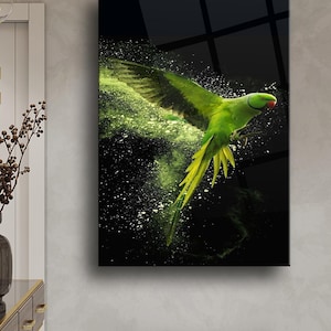 Papagei-Glaswand-Kunst, bunte Vogel-Glasmalerei, tropischer Papagei-Verkleidung, exotischer Vogel-Wanddekor, handgemachte Glaskunstwerk
