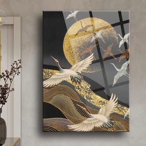Stork Glass Wall Art Elegant Bird Print Minimalist Tempered Glass Home Decor Stork wall art Stork wall decor
