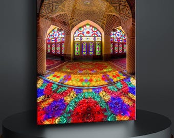 Stained glass art panel,Islamic architecture wall art,Colorful stained glass decor,Mosque interior glass artwork,Persian stained glass print