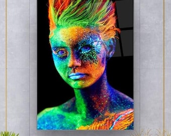 Neon Woman Glass Art – Vibrant UV Body Paint Portrait | Colorful Modern Wall Decor | Abstract Glow Face Artwork