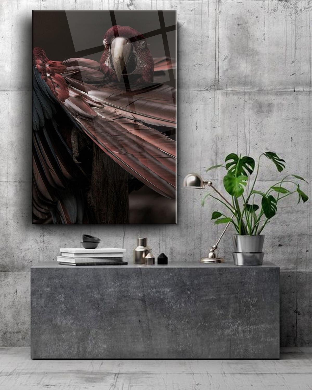 ZMFBHFBH Image d'art mural de perroquet volant coloré, peinture sur toile, affiches d'ara d'art abstrait, impressions d'oiseaux, peintures de décoration de salon, 70x70cm (28x28in) avec cadre