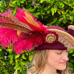 Pirate Hat 21.75&quot; Tricorn Maroon Wool with Gold Venice Lace, Maroon Ostrich Feathers, and Vintage Brooch for Renaissance Festivals