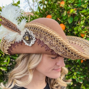 Pirate Hat 22.5" Cavalier Brown with Gold Venice Lace, White Ostrich Feathers, and Maltese Cross Brooch for Renaissance Festivals