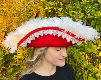 Pirate Hat 22.5" Tricorn Christmas Santa Red with White Venice Lace and Ostrich Feathers for Renaissance Festivals