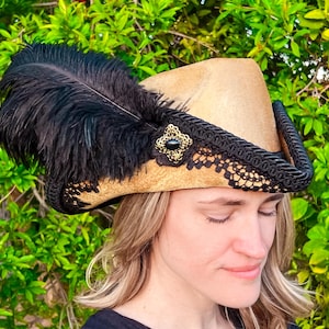Pirate Hat 22&quot; Bicorn Gold Velvet with Black Venice Lace, Black Ostrich Feathers, and Vintage Brooch for Renaissance Festivals