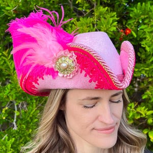 Pirate Hat 22&quot; Bicorn Pink Velvet with Hot Pink Venice Lace, Pink Ostrich Feathers, and Gold Pearl Vintage Brooch for Renaissance Festivals