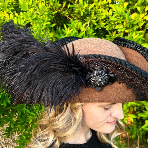 Pirate Hat 22" Tricorn Brown Wool Base with Black Venice Lace, Black Ostrich Feathers, and Black Rhinestone Brooch for Renaissance Festivals