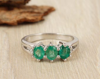 Natural Oval Emerald Three Stone Sterling Silver Ring: Gemstone Jewelry, Split Shank Ring