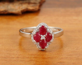 Natural Sterling Silver Ruby Clover Ring: Gemstone Handmade Jewelry, Floral Band