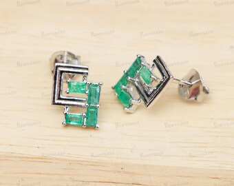 Natural Emerald Stud Sterling Silver Earrings: Gemstone  Handmade Jewelry, May Birthstone, Gift for her