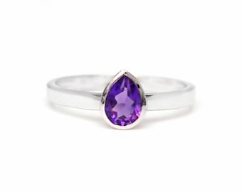 Natürlicher Pear Cut Amethyst Sterling Silber Ring: Edelstein Schmuck, Teardrop Ring, Geschenk für Sie