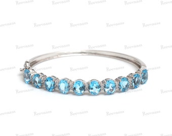 Natural Swiss Blue Topaz Bangle: Oval Gemstone, 925 Sterling Silver, Gift For Her