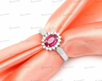 Ruby and Diamond Halo Sterling Silver Ring: Natural Gemstone Jewelry, Engagement Ring