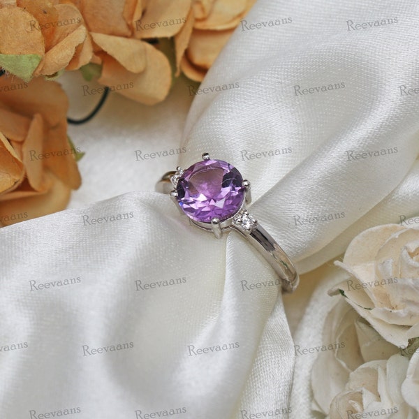 Natural Amethyst Round Cut Gemstone Ring, 925Silver Ring, Promise Ring, Amethyst Ring, Bridal Ring, Engagement Ring, Solitaire Ring Gift Her