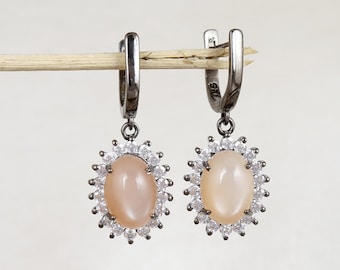 Pink Moonstone Earrings Sterling Silver Dangle, June Birthstone Gift, Oval Gemstone Drops