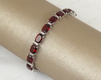 Cushion Garnet Tennis Bracelet, 925 Sterling Silver, January Birthstone, Gift For Her