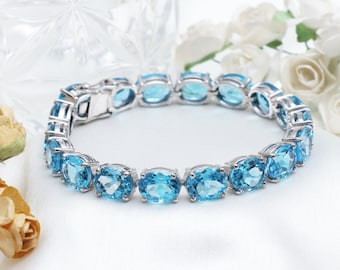 Oval Blue Topaz Bracelet, December Birthstone, Natural Blue Gemstone Jewelry, Birthday Gift For Her