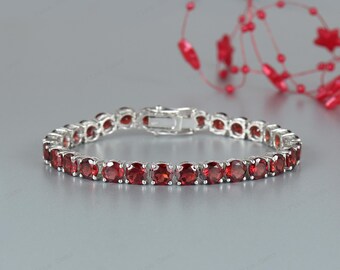 Round Garnet Tennis Bracelet, 925 Sterling Silver, January Birthstone, Birthday Gift Jewelry
