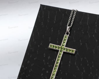 Colgante de cruz de peridoto natural, collar con colgante cuadrado de piedra preciosa de plata de ley 925, joyería, regalo de Navidad para ella.