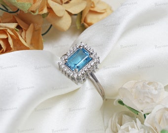 Natural Octagon Swiss Blue Topaz Sterling Silver Ring: Gemstone Handmade Jewelry, Gift For Her