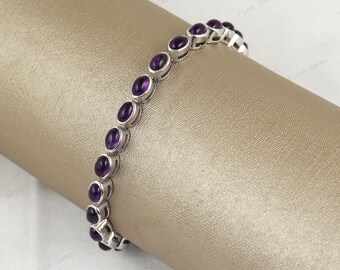 African Amethyst Cabochon Bracelet, February Birthstone, Oval Gemstone Jewelry, Gift For Her