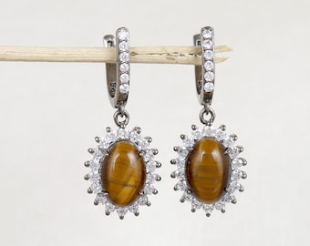 Natural Tiger Eye Earring, 925 Sterling Silver, August Birthstone, Handmade Gemstone Jewelry