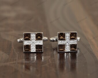 Natural Smoky Quartz Sterling Silver Square Cufflinks, Prong Set Men's Jewelry