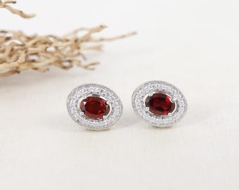 Oval Garnet Studs, Sterling Silver Earring, January Birthstone, Handmade Gemstone Jewelry, Gift For Her