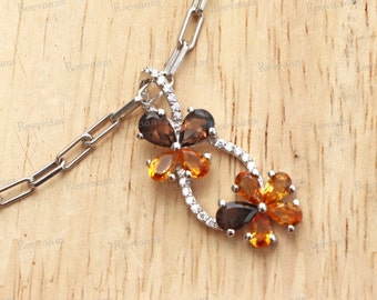 Natürlicher Rauchquarz & Citrin Blume Sterling Silber Anhänger: Edelstein handgemachter Schmuck, Blumenmuster