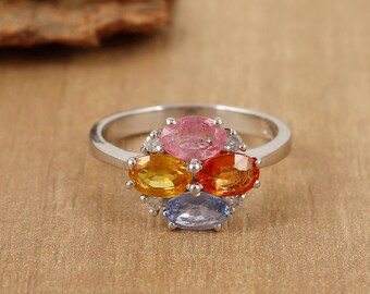 Anillo con múltiples zafiros, plata de ley 925, piedra de nacimiento de septiembre, anillo de compromiso para mujer.