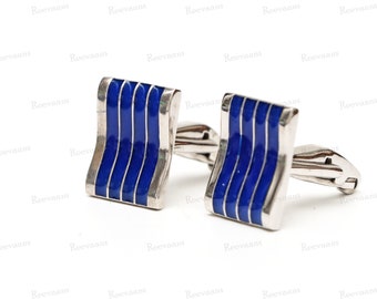 925 Sterling Silver Blue Enamel Cufflinks: Handmade Rectangle Design Mens Jewelry groomsmen gifts