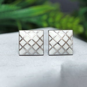 Sterling Silver White Enamel Cufflinks: Square Vintage Design