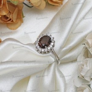 Smoky Quartz Ring: Oval Gemstone, 925 Sterling Silver, Cubic Zircon Halo